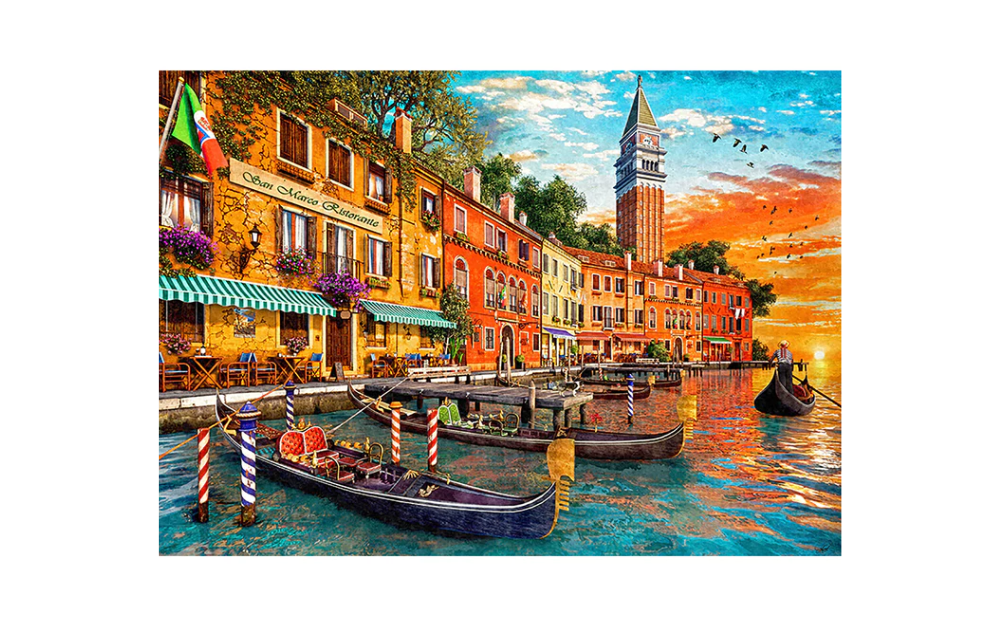Gibsons San Marco Sunset 1000 piece puzzle featuring a colorful Venetian waterfront scene