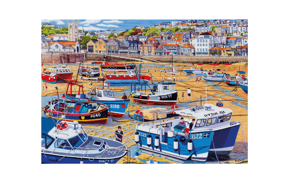 Gibsons Sand at St Ives jigsaw puzzle featuring colourful boats at the beach, 1000 pieces