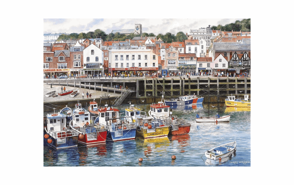 Gibsons Scarborough jigsaw puzzle featuring a scenic harbor view with colorful boats and historic buildings