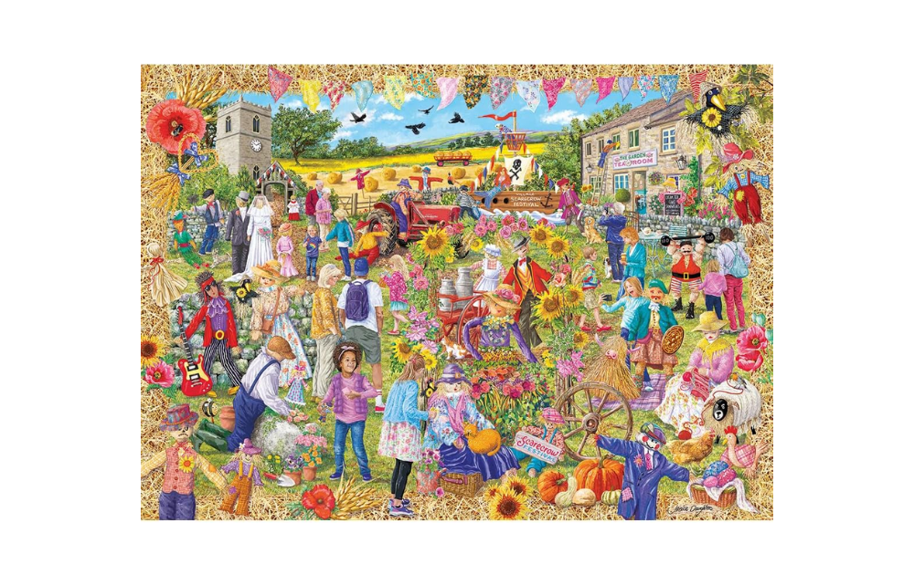 Gibsons Scarecrow Festival puzzle featuring a colorful harvest scene with sunflowers and cheerful characters