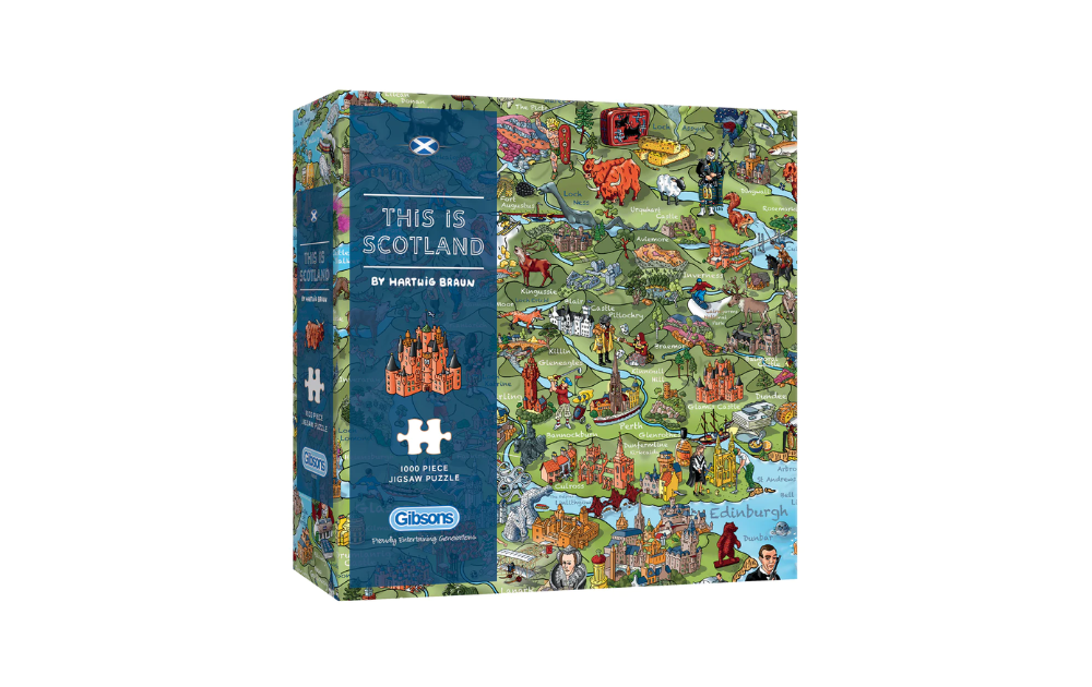 This is Scotland 1000 piece puzzle by Gibsons featuring detailed illustrations of Scotland's landmarks and culture