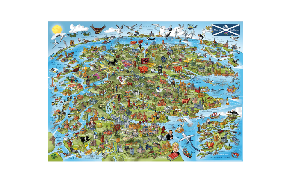 Gibsons Scotland 1000 piece puzzle featuring a colorful illustrated map with landmarks and wildlife