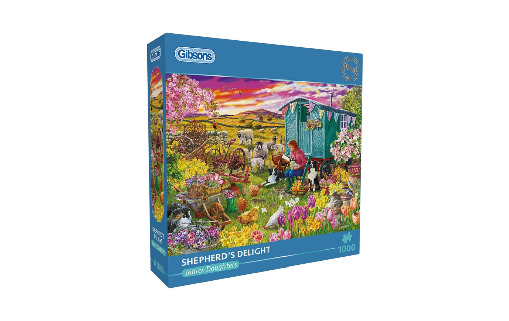 Gibsons Shepherd's Delight 1000 piece jigsaw puzzle. Colourful pastoral scene with shepherd, sheep, caravan and spring flowers