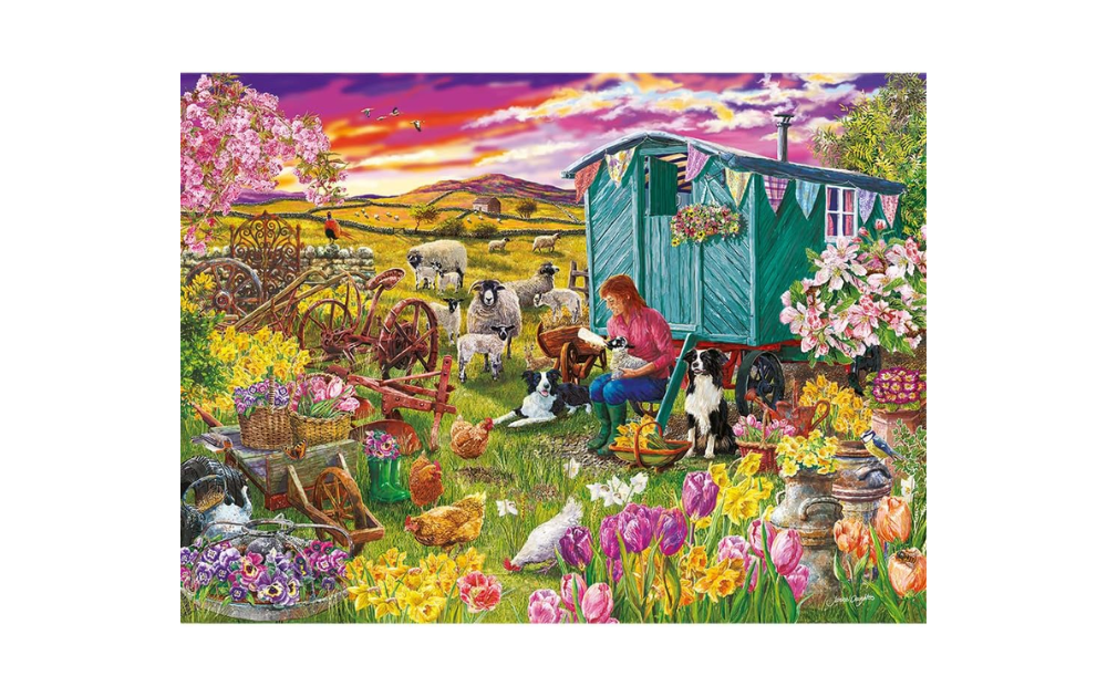 Gibsons Shepherd's Delight 1000 piece jigsaw puzzle. Colourful pastoral scene with shepherds caravan sheep dogs tulips and baskets
