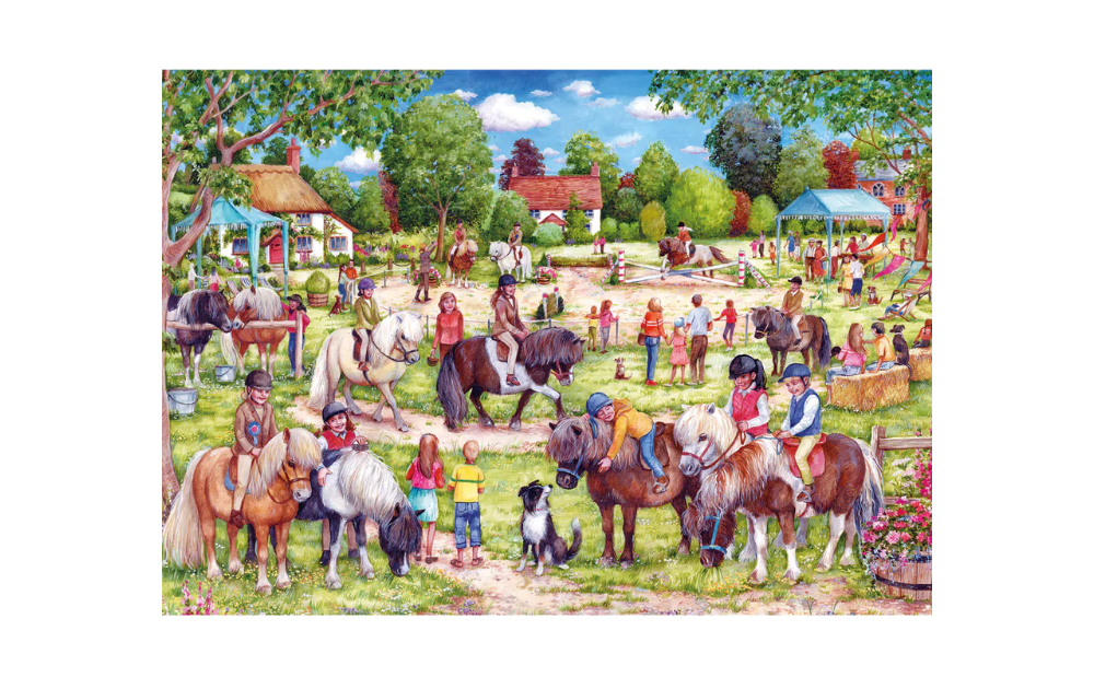 Gibsons Shetland Pony jigsaw puzzle featuring a vibrant farm scene with children and ponies