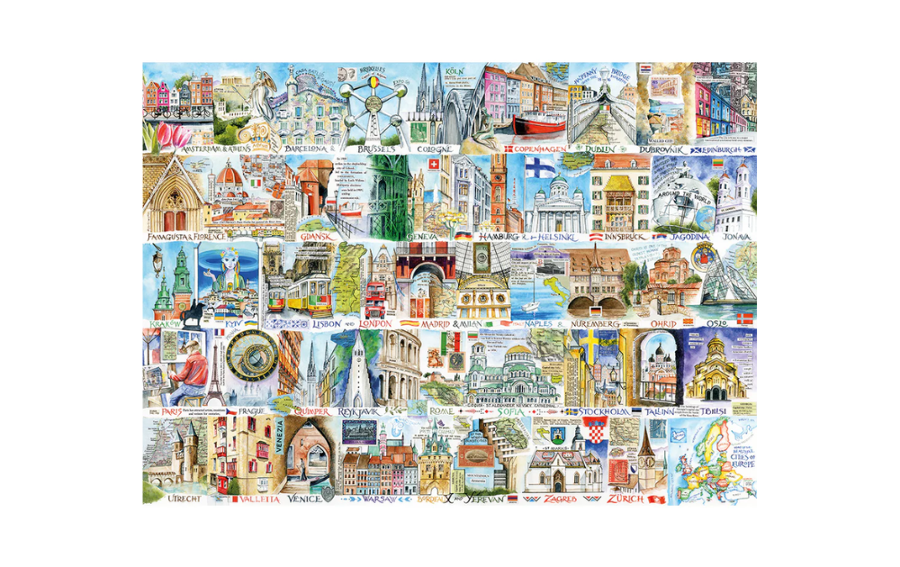 Sights & Sounds jigsaw puzzle featuring famous landmarks and cityscapes from around the world