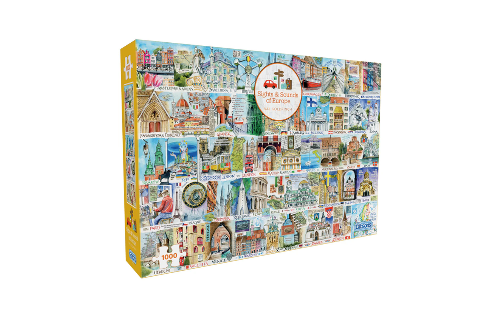 Gibsons Sights & Sounds jigsaw puzzle featuring colorful European landmarks, 1000 pieces