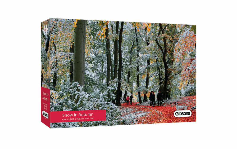 Gibsons Snow in Autumn puzzle featuring a serene forest scene with snow and autumn leaves