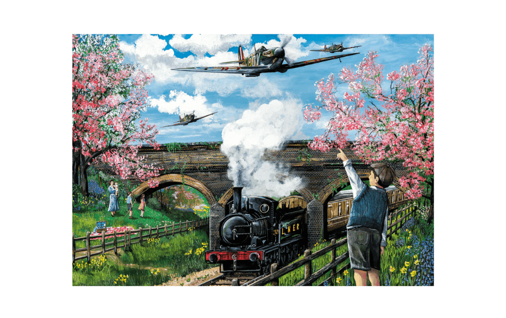 Gibsons Spitfire Surprise 1000 piece jigsaw puzzle featuring a steam train and vintage aircraft flying over cherry blossoms