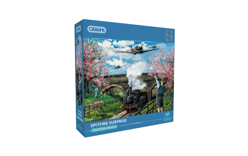 Gibsons Spitfire Surprise 1000 piece jigsaw puzzle featuring a scenic train landscape with aircraft