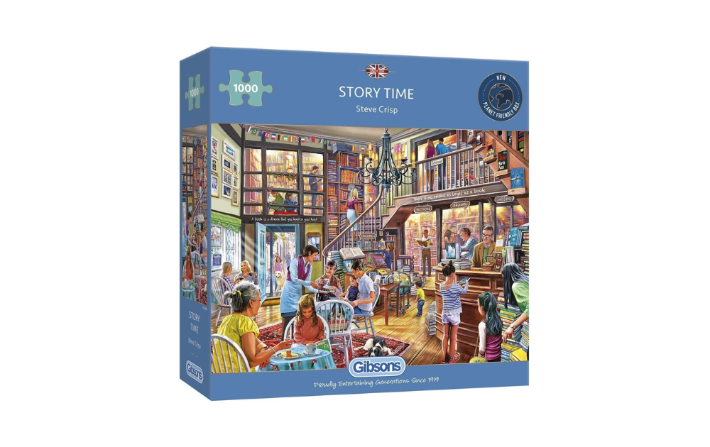 Gibsons Story Time jigsaw puzzle featuring a vibrant bookstore scene with children reading and playing