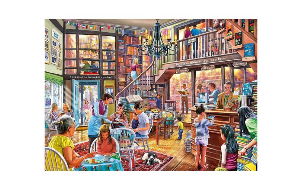 Gibsons Story Time jigsaw puzzle featuring a cozy bookstore scene filled with customers and books