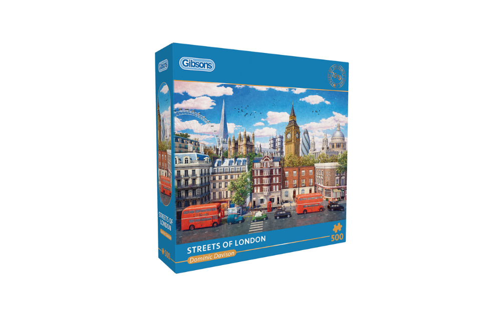 Streets of London 500 piece jigsaw puzzle by Gibsons showing colourful London skyline with Big Ben and red buses