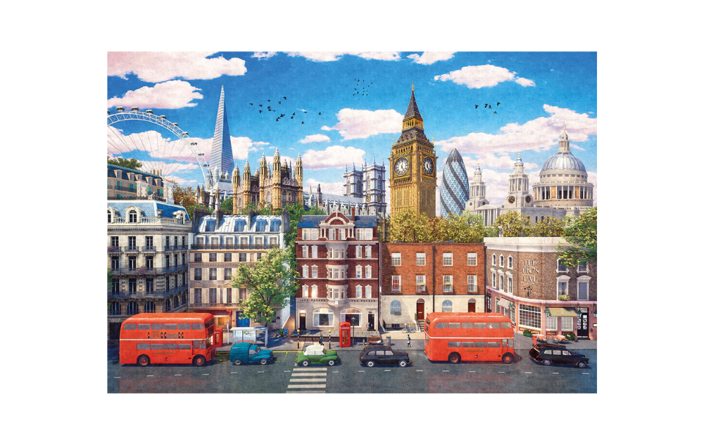 Gibsons Streets of London 500 piece jigsaw puzzle. Colourful London street scene with Big Ben red double decker buses