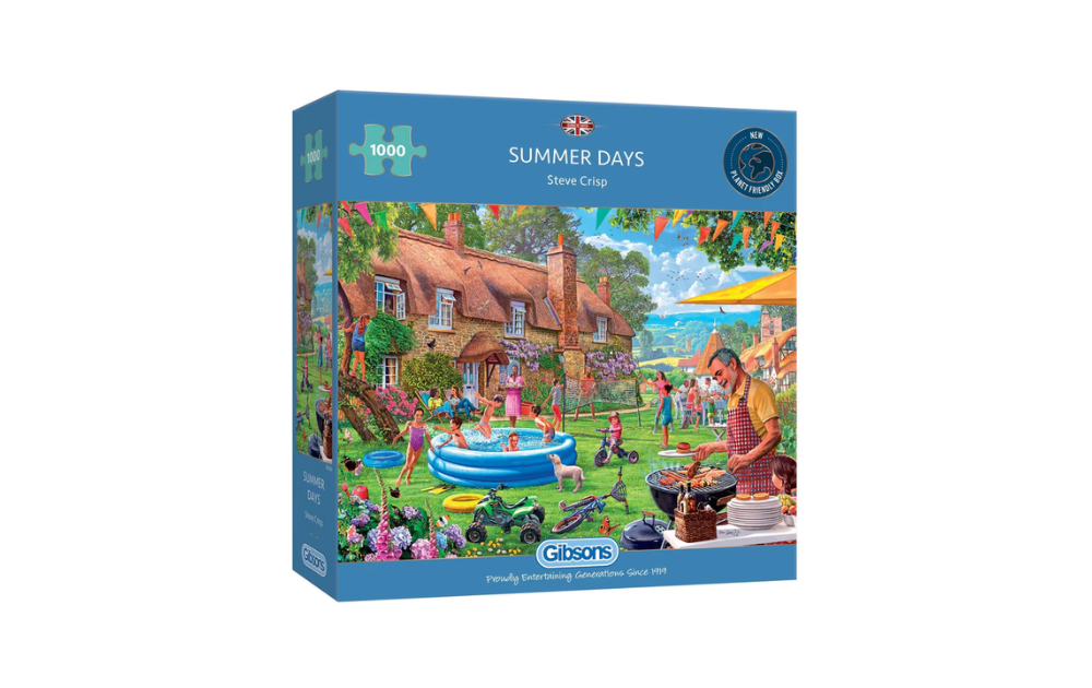 Gibsons Summer Days puzzle featuring a vibrant garden scene with people enjoying summer activities