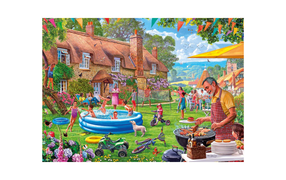 Gibsons Summer Days puzzle featuring a lively garden party with children playing and a barbecue
