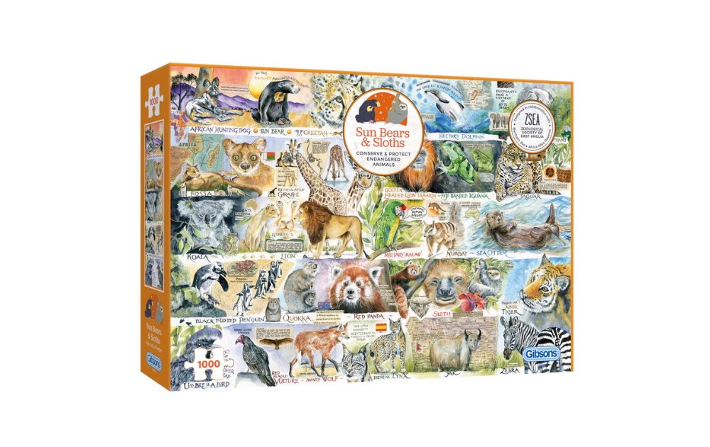 Gibsons Sun Bears Sloths puzzle featuring colorful wildlife illustrations in a 1000 piece jigsaw format