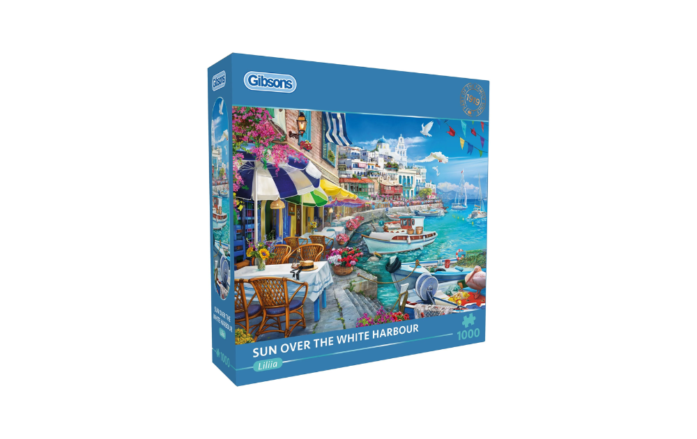 Sun Over the White Harbour 1000 Piece Jigsaw Puzzle by Gibsons featuring a vibrant coastal scene