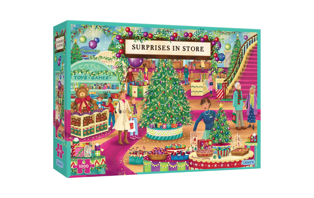Gibsons Surprises in Store puzzle featuring a colorful holiday scene with a decorated Christmas tree