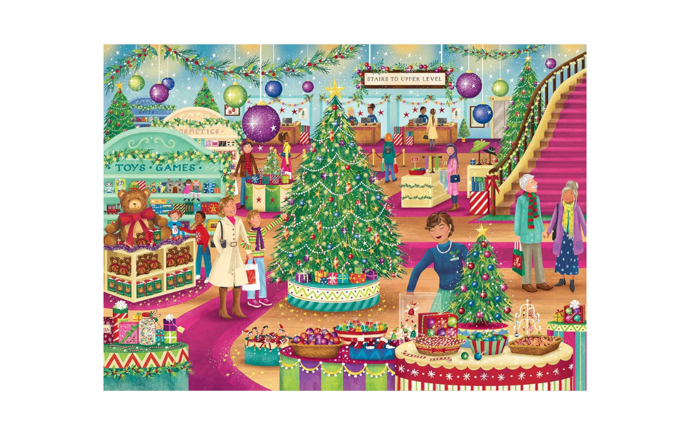 Gibsons Surprises in Store puzzle featuring a festive holiday market scene with colorful decorations and activities