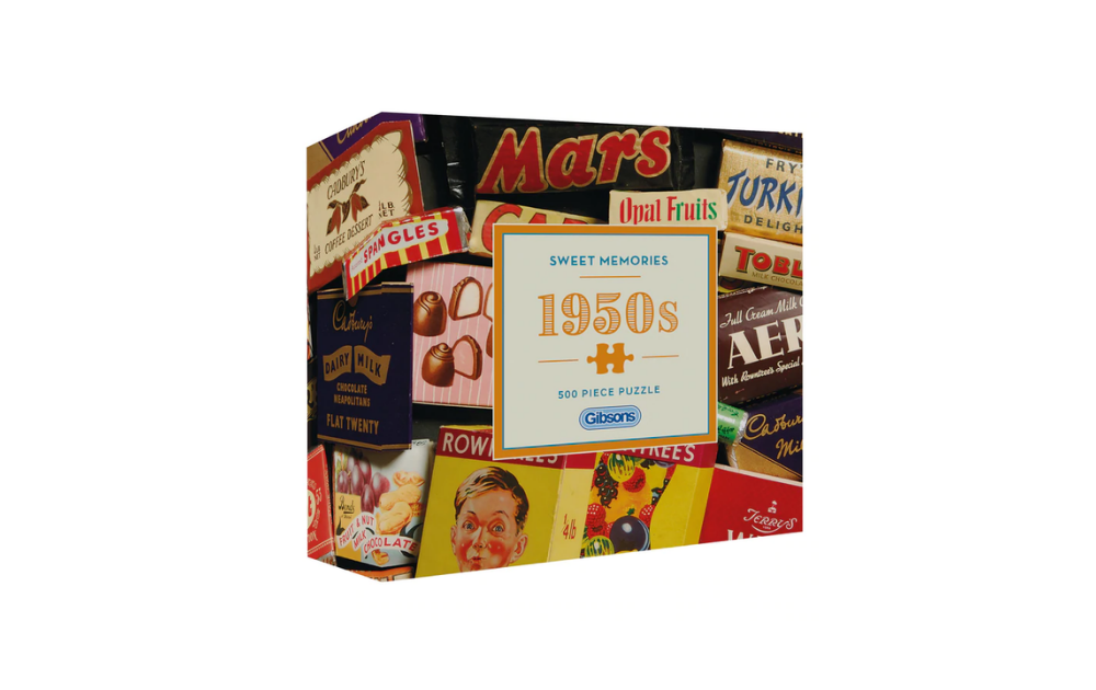 Gibsons sweet memories puzzle 500 piece featuring nostalgic 1950s candy and snack packaging