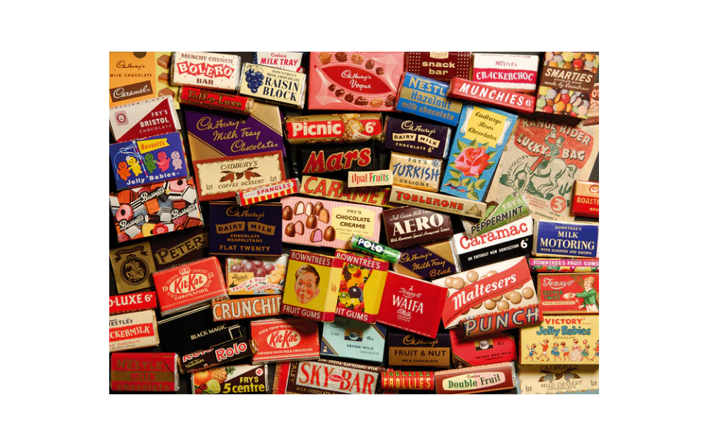 Gibsons sweet memories puzzle featuring vintage 1950s confectionery wrapper designs in a colorful collage