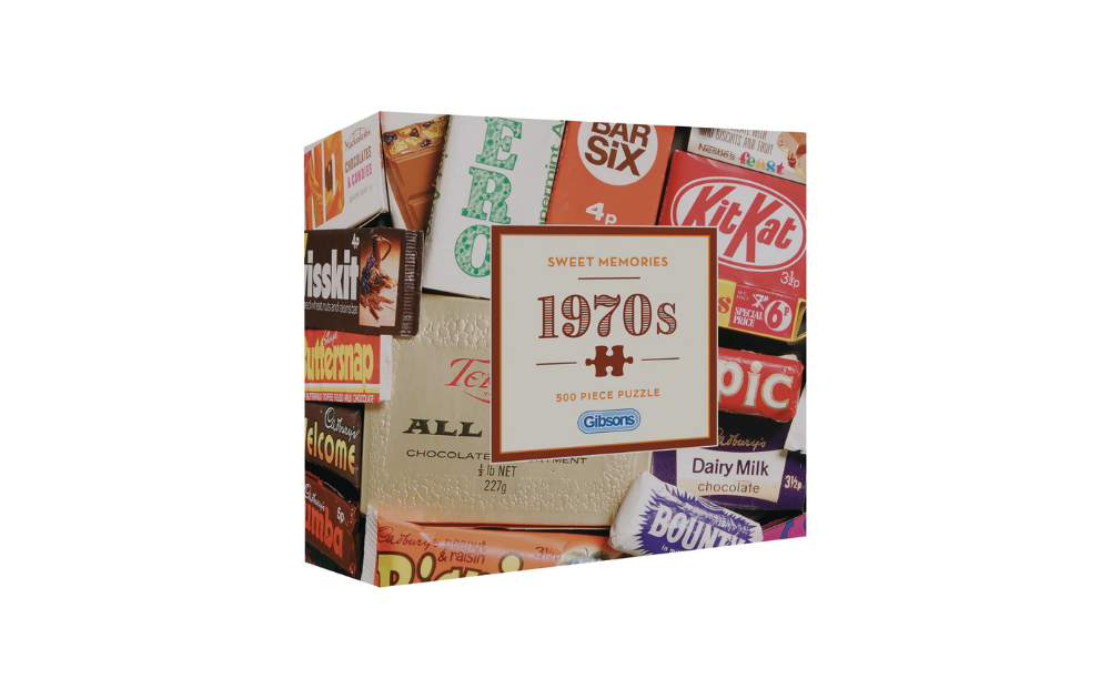 Gibsons sweet memories puzzle for adults featuring iconic 1970s chocolate bars and snacks