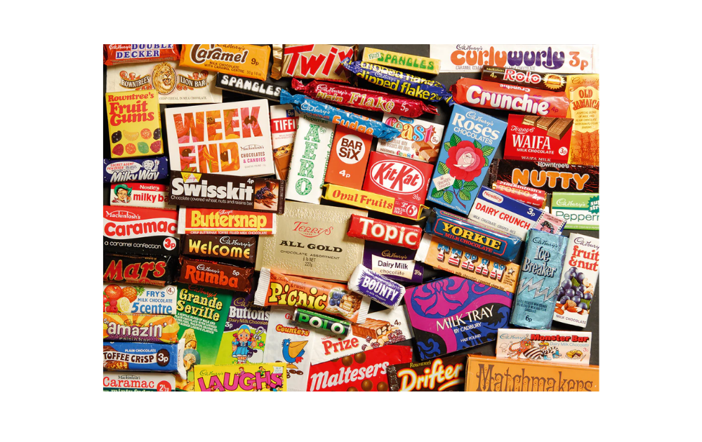 Colorful Gibsons sweet memories puzzle for adults featuring vintage candy wrappers and snacks