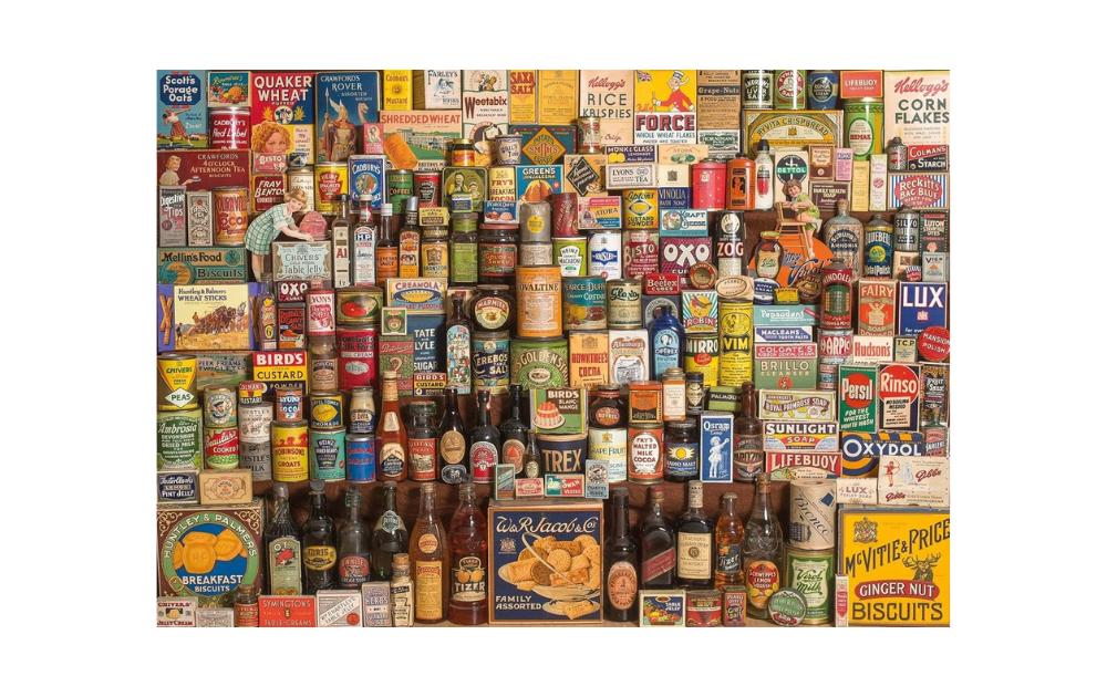 The Brands That Built Britain puzzle featuring vintage British food packaging and iconic product labels