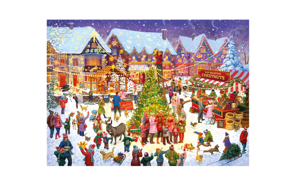 The Season For Giving puzzle Gibsons showing a snowy village Christmas market with decorated tree, stalls and carol singers