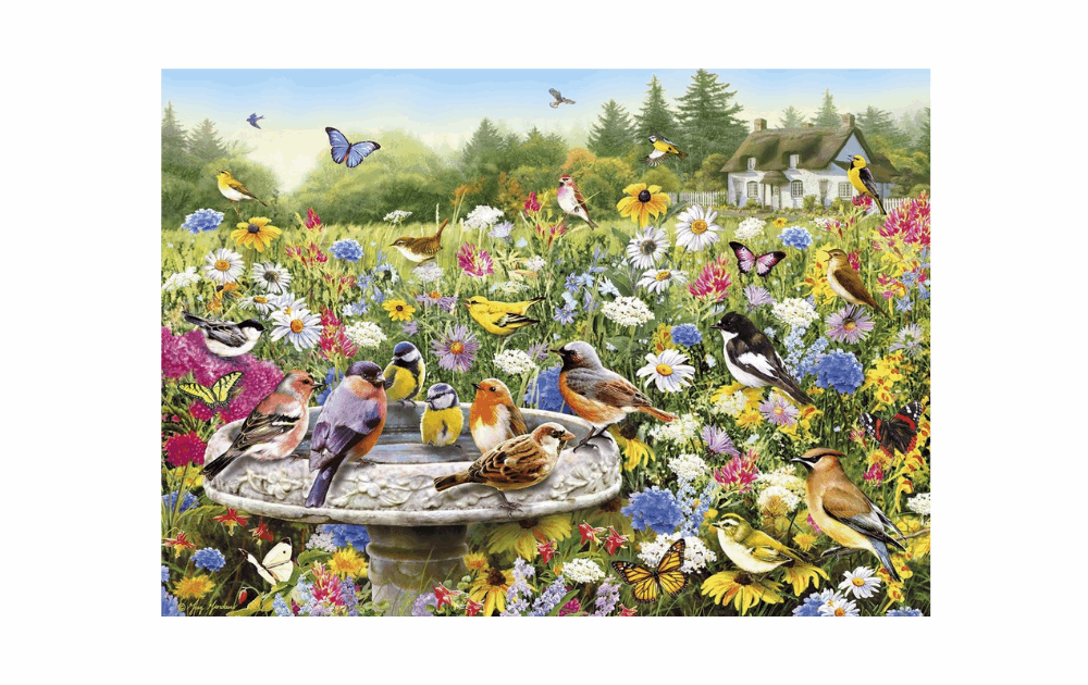 The Secret Garden Puzzle 1000 pieces featuring vibrant birds and flowers in a beautiful garden scene