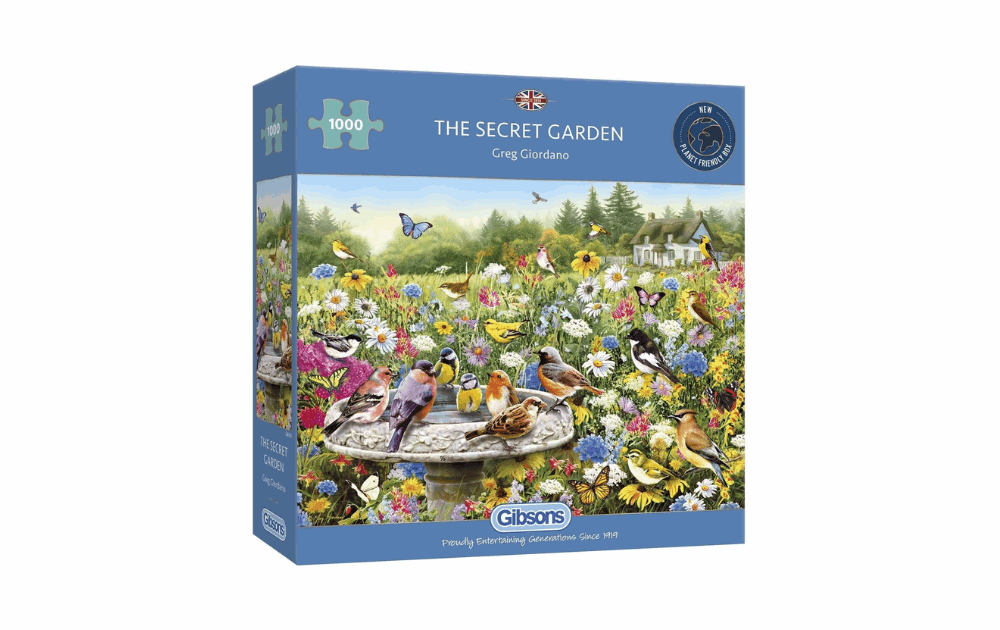 The Secret Garden Puzzle 1000 pieces by Gibsons featuring a vibrant garden scene with flowers and birds