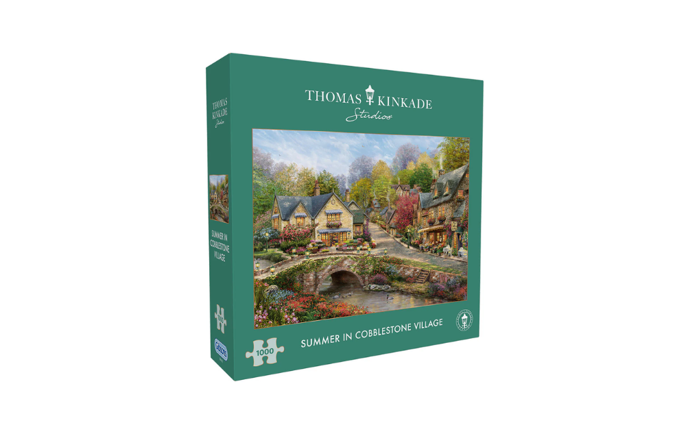 Gibsons Summer in Cobblestone Village 1000 piece Thomas Kinkade puzzle with charming village scenery