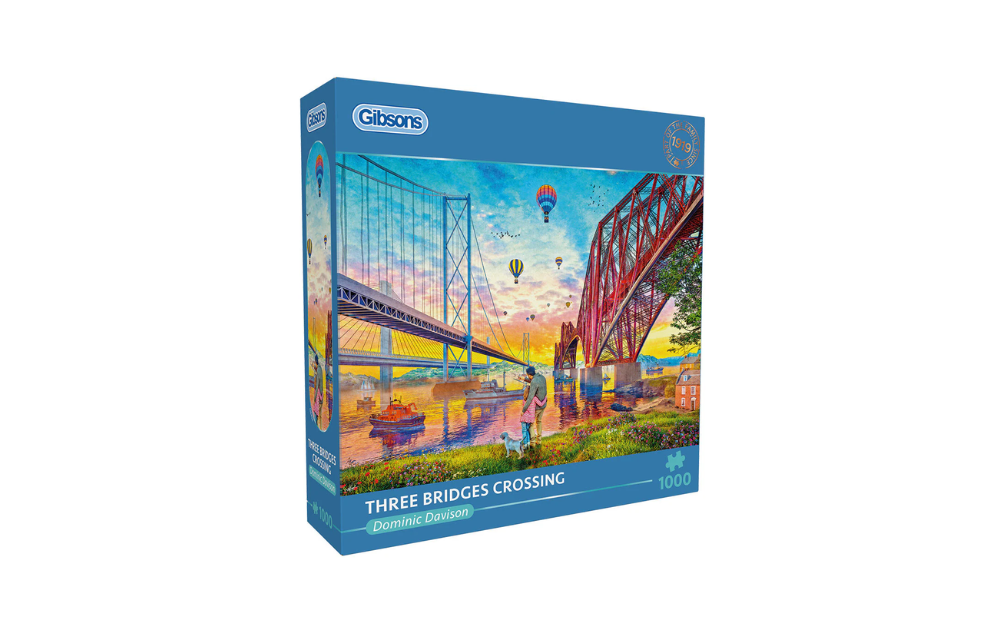Gibsons Three Bridges Crossing jigsaw puzzle 1000 pieces box showing colourful bridges hot air balloons at sunset