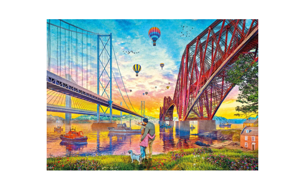 Three Bridges Crossing jigsaw puzzle by Gibsons vibrant sunset scene with two bridges hot air balloons couple and dog