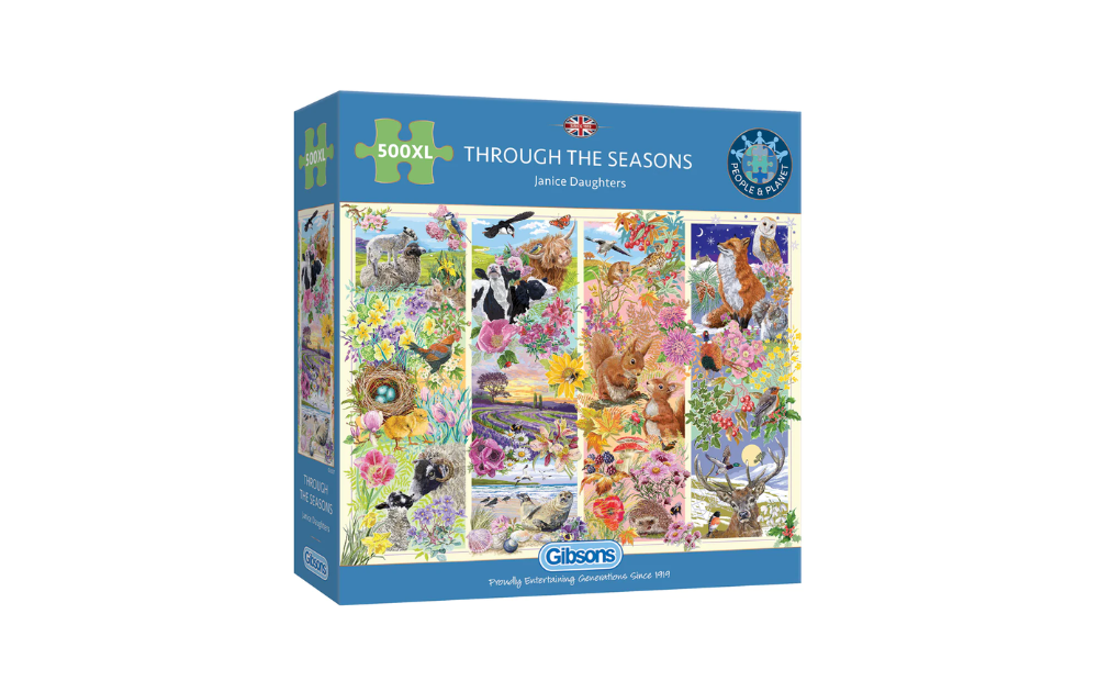 Gibsons Through the Seasons 500XL puzzle featuring vibrant seasonal illustrations and wildlife
