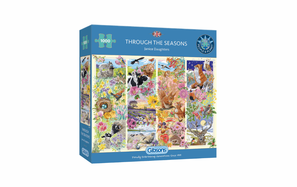 Gibsons Through the Seasons puzzle featuring vibrant nature scenes across all four seasons