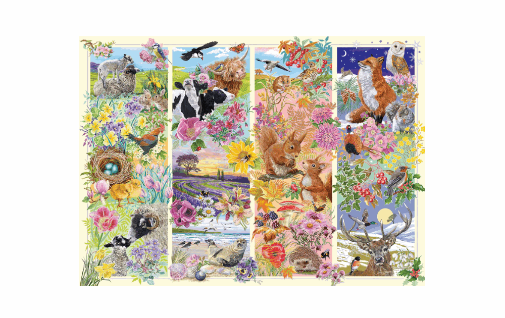 Gibsons Through the Seasons puzzle featuring colorful illustrations of wildlife and flowers across the seasons