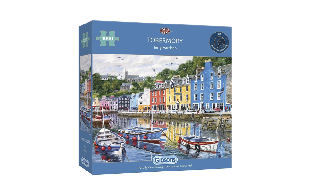 Gibsons Tobermory jigsaw puzzle featuring a colorful harbor scene with boats and charming buildings