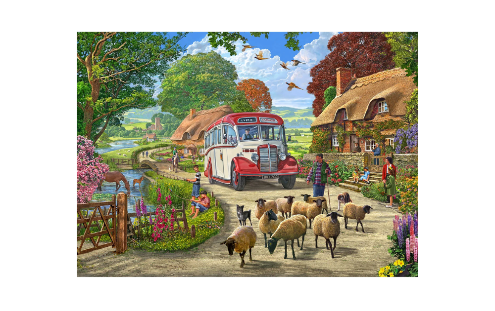 Charming countryside scene with sheep and a vintage bus in a vibrant 1000 piece jigsaw puzzle by Gibsons