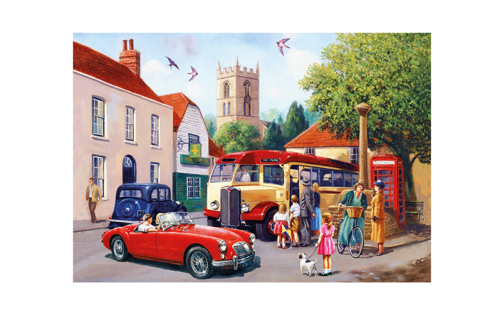 Gibsons Touring the Town 500 piece jigsaw puzzle. Vintage English village scene with red convertible bus phone box and church