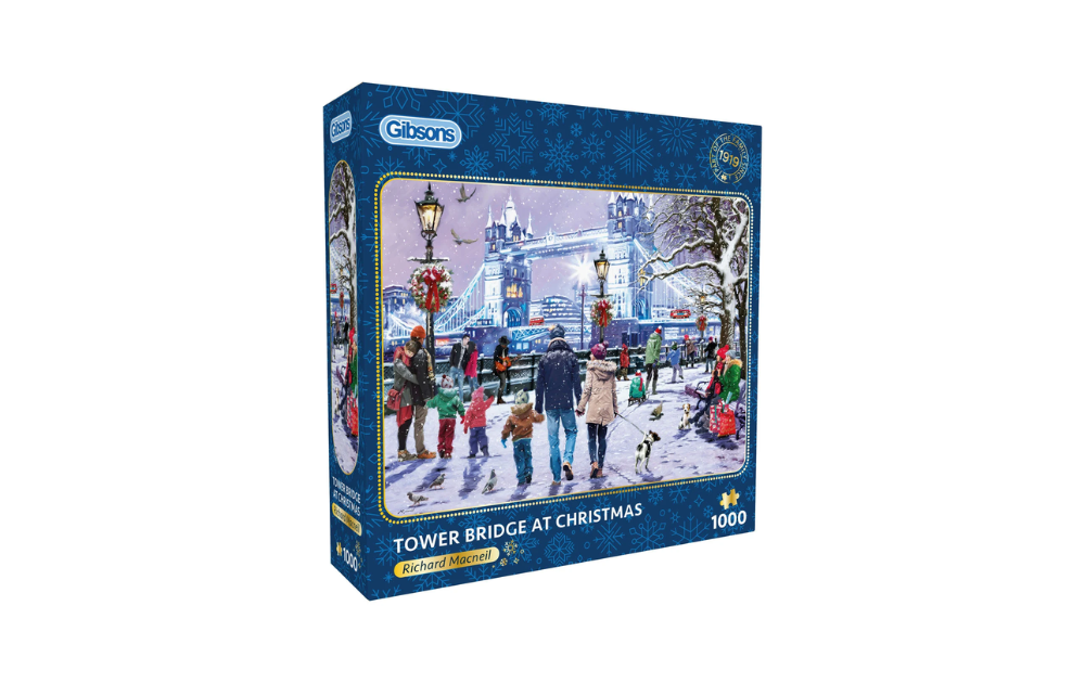 Tower Bridge at Christmas 1000 Piece Jigsaw by Gibsons featuring a festive winter scene with families and decorations