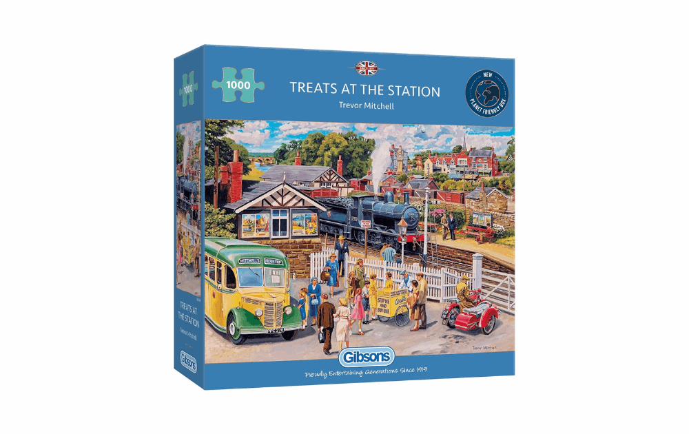 Treats at the Station jigsaw by Gibsons with colorful vintage scenes and a steam train