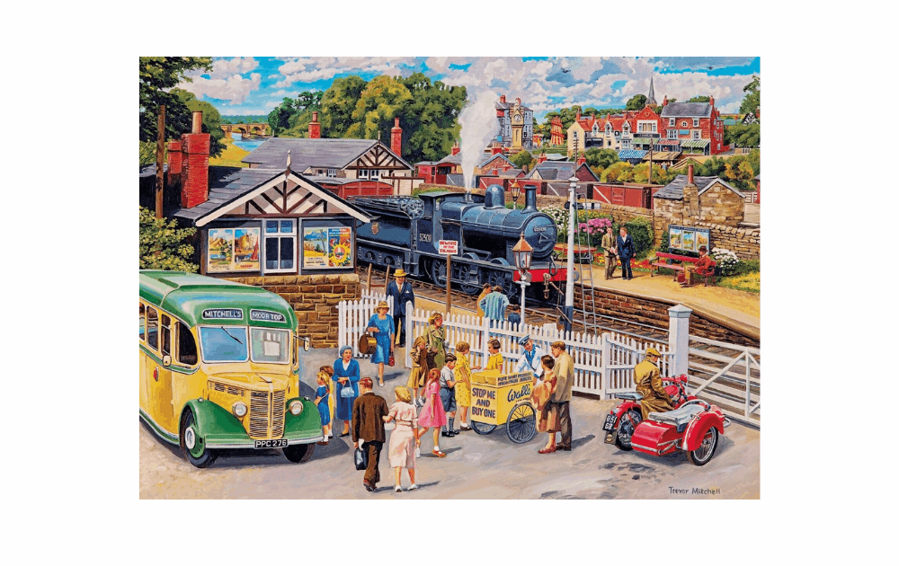 Gibsons Treats at the Station jigsaw featuring a vibrant train station scene with people and vintage vehicles