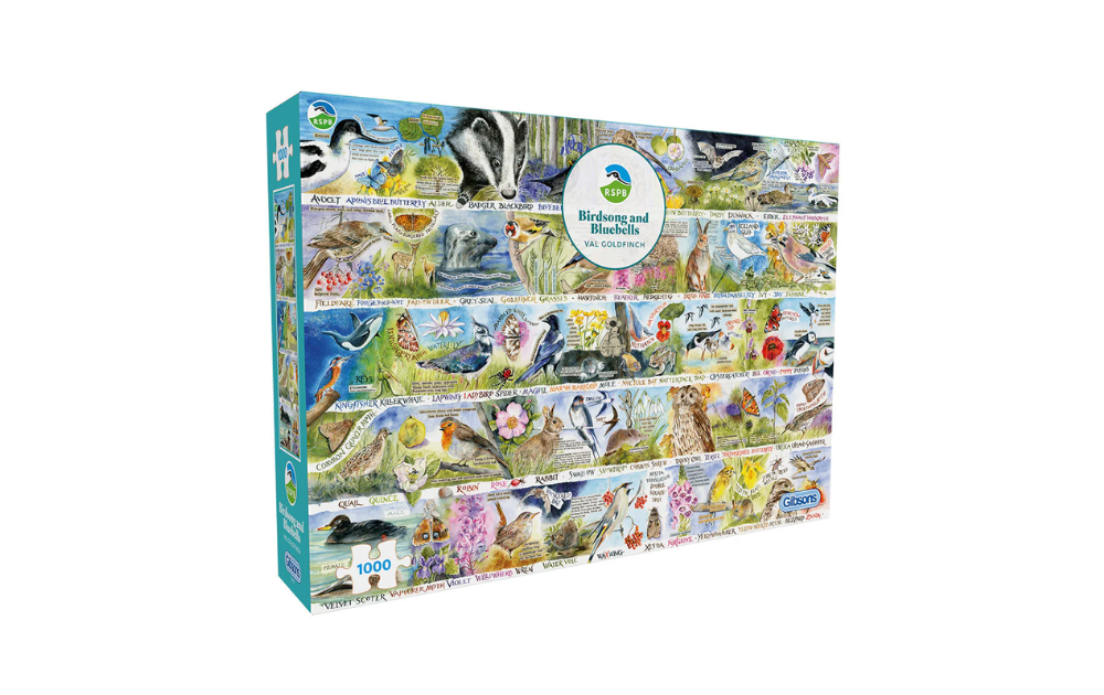 Gibsons Birdsong and Bluebells 1000 piece Val Goldfinch jigsaw puzzle for adults showcasing vibrant wildlife scenes