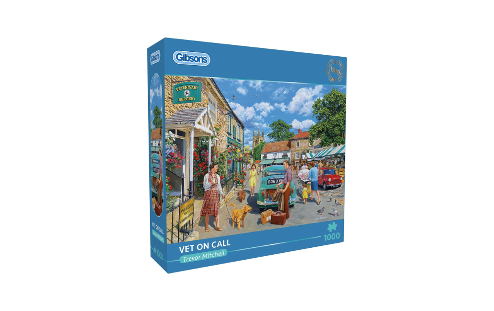 Vet on Call 1000 Piece Jigsaw Puzzle by Gibsons featuring a charming village scene with animals and people