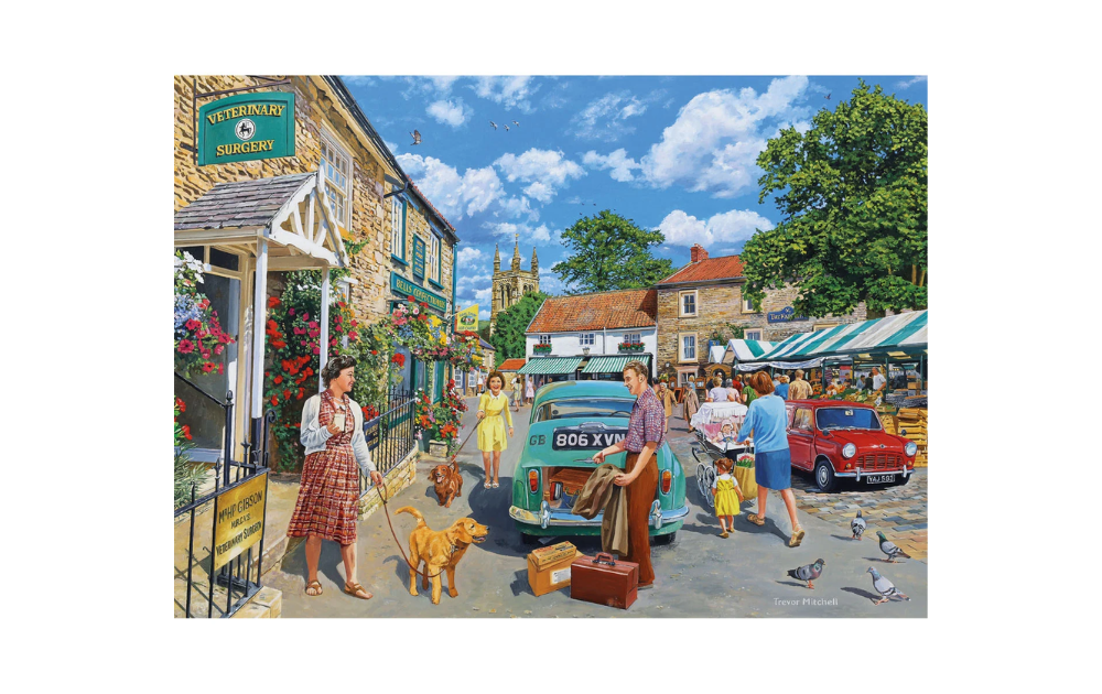 Vet on Call 1000 Piece Jigsaw Puzzle by Gibsons featuring a vibrant village scene with animals and veterinary surgery