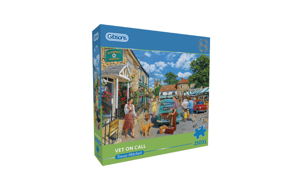 Gibsons Vet on Call jigsaw puzzle 250 pieces featuring a charming countryside scene with animals and locals