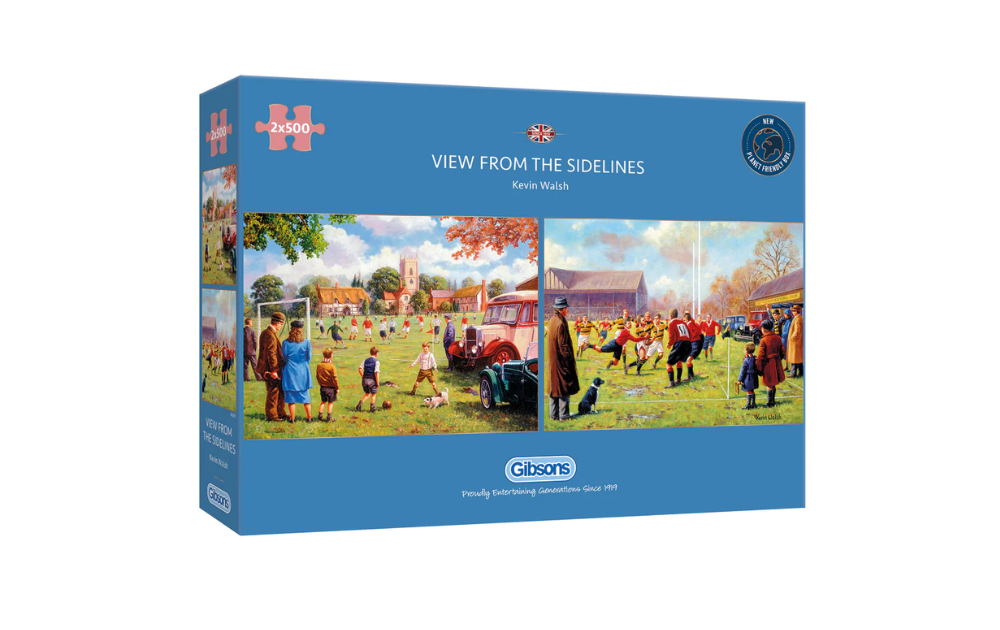 Gibsons View From the Sidelines puzzle box featuring a vibrant scene of a rural activity with people and children