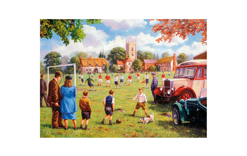 Gibsons View From the Sidelines puzzle featuring a nostalgic football scene in a village setting